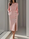 Long Sleeve Button Detail Midi Dress with Side Slit