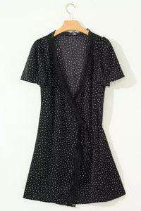 Polka Dot Print Lace Trim Wrap Mini Dress