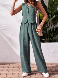 Button-Down Vest & Wide Leg Pants Set