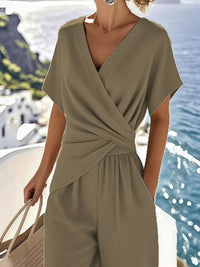 Full Size Surplice Short Sleeve Top and Pants Set Plus Size