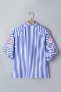 Striped Floral Embroidered Puff Sleeve Button Down Shirt