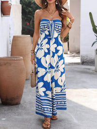 Floral Print Tie Front Strapless Wide Leg Jumpsuit