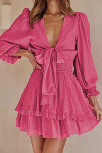 Elegant Tie-Front Ruffle Mini Dress with Smocked Wiast