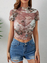 Abstract Print Ruffled Mock Neck Crop T-Shirt