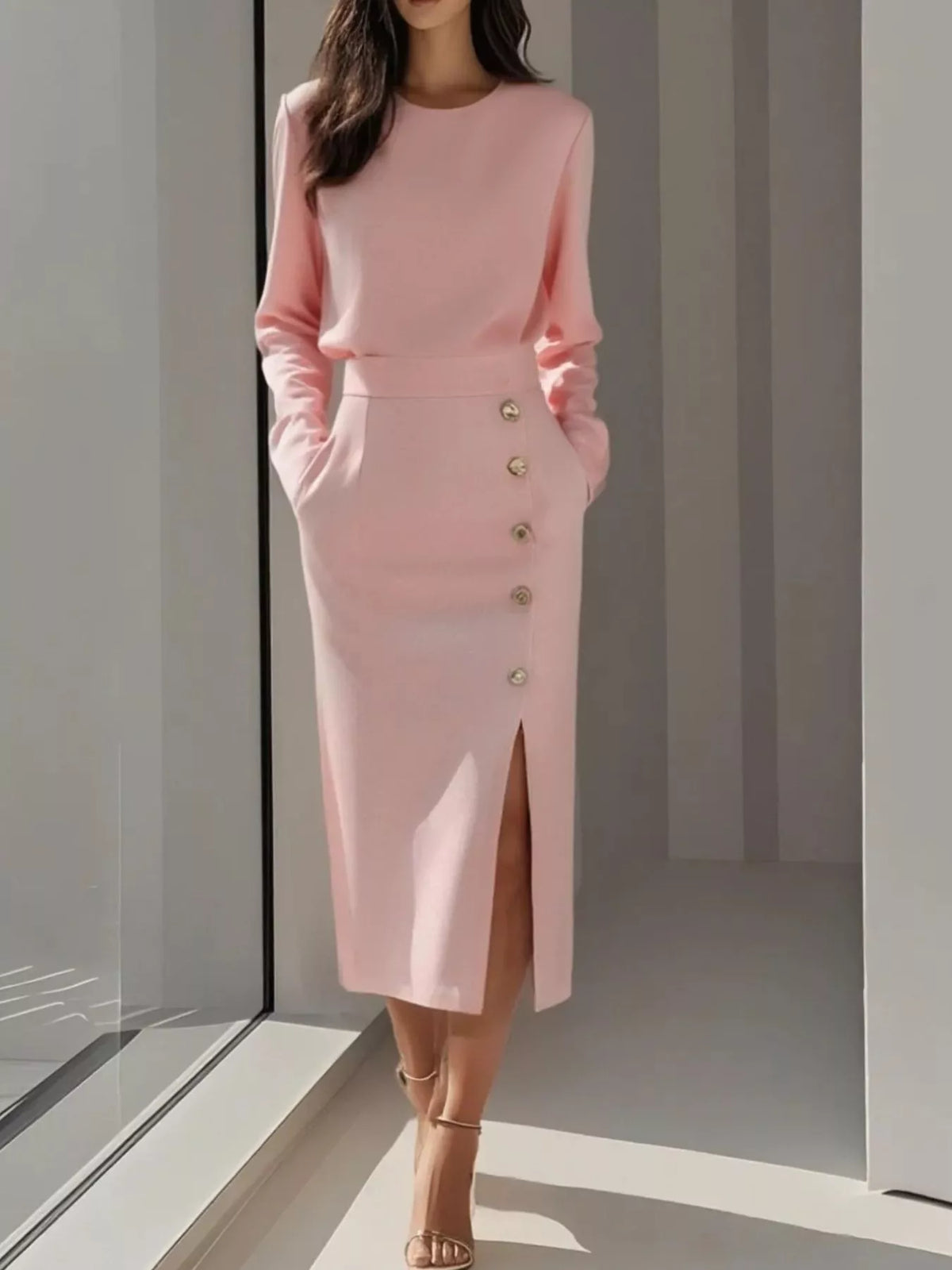 Long Sleeve Button Detail Midi Dress with Side Slit