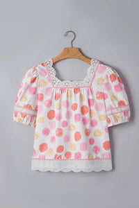 Polka Dot Lace Trim Square Neck Puff Sleeve Blouse