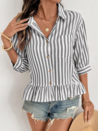 Striped Ruffle Hem Button-Down Shirt