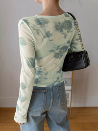 Floral Print Sheer Mesh Long Sleeve T-Shirt
