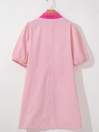 Stripe Color Block Patchwork Shirt Collar Button Down Puff Sleeve Mini Dress
