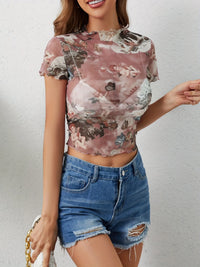 Abstract Print Ruffled Mock Neck Crop T-Shirt