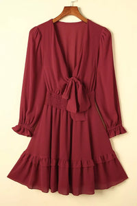Elegant Tie-Front Ruffle Mini Dress with Smocked Wiast
