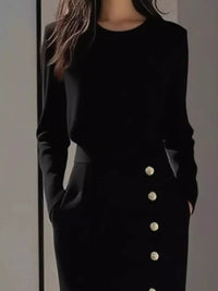 Long Sleeve Button Detail Midi Dress with Side Slit