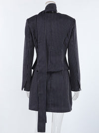 Striped Blazer & Mini Skirt Set with Neck Tie