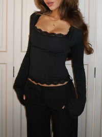 Lace Trim Square Neck Long Sleeve Top