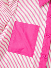 Stripe Color Block Patchwork Shirt Collar Button Down Puff Sleeve Mini Dress