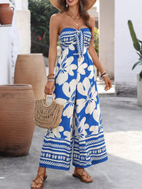 Floral Print Tie Front Strapless Wide Leg Jumpsuit