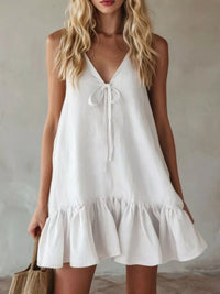 V-Neck Tie Front Ruffle Hem Mini Dress