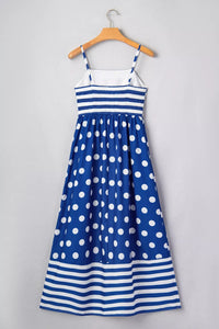 Striped Polka Dot Patchwork High Waist Spaghetti Straps Maxi Dress