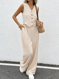 Button Up Vest and Wide Leg Pants Set