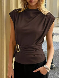 Mock Neck Cap Sleeve Buckle Top