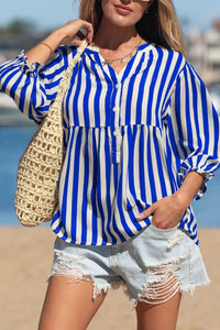 Stripe Balloon Sleeve Loose Button Up Shirt