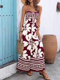 Floral Print Tie Front Strapless Wide Leg Jumpsuit