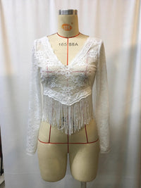 Full Size Fringe Hem Lace Long Sleeve Top Plus Size