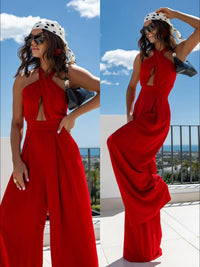 Wide Leg Cutout Halter Neck Jumpsuit
