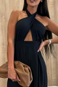 Halter Neck Wide Leg Jumpsuit with Keyhole Detail