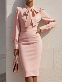 Bow Tie Neck Long Sleeve Bodycon Dress
