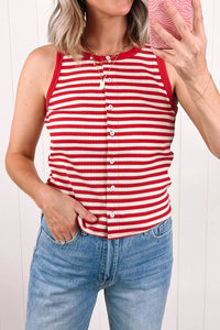 Stripe Buttoned Ribbed Knit Tank Top