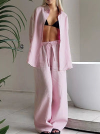 Relaxed Fit Button Up Shirt and Pants Two-Piece Set