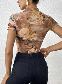 Abstract Print Ruffled Mock Neck Crop T-Shirt