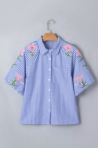 Striped Floral Embroidered Puff Sleeve Button Down Shirt