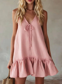 V-Neck Tie Front Ruffle Hem Mini Dress