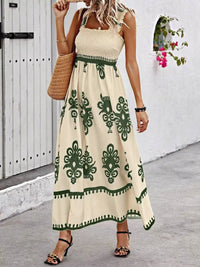 Smocked Printed Square Neck Maxi Dress