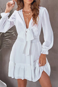 Elegant Tie-Front Ruffle Mini Dress with Smocked Wiast