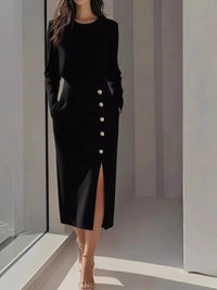 Long Sleeve Button Detail Midi Dress with Side Slit