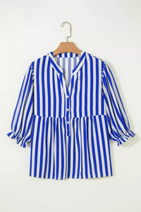 Stripe Balloon Sleeve Loose Button Up Shirt