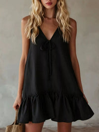 V-Neck Tie Front Ruffle Hem Mini Dress