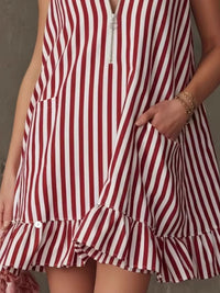 Striped Zipper Neck Ruffle Hem Dress