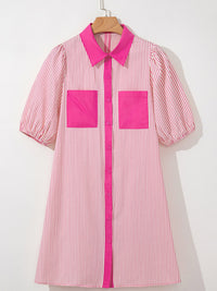 Stripe Color Block Patchwork Shirt Collar Button Down Puff Sleeve Mini Dress