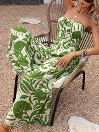 Tropical Print Tie Front Strapless Wide Leg Jumpsuit