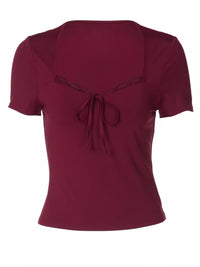 Sweetheart Neck Lace Trim Tie-Front T-Shirt