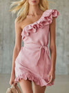 One-Shoulder Ruffle Trim Wrap Dress
