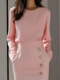 Long Sleeve Button Detail Midi Dress with Side Slit