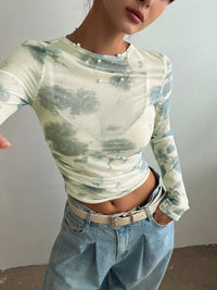 Floral Print Sheer Mesh Long Sleeve T-Shirt