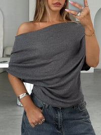 Off-Shoulder Ruched Knit T-Shirt