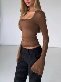 Lace Trim Square Neck Long Sleeve Top