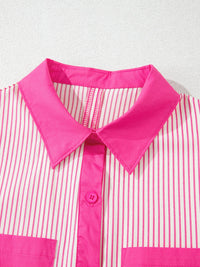 Stripe Color Block Patchwork Shirt Collar Button Down Puff Sleeve Mini Dress